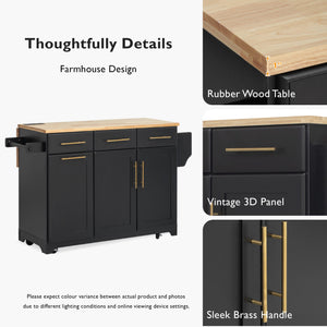 English Elm K&K Vintage Kitchen Island with Rubberwood Top, Hidden Wheels, Pull-Out Trash & Charging Station Black N707P299014B