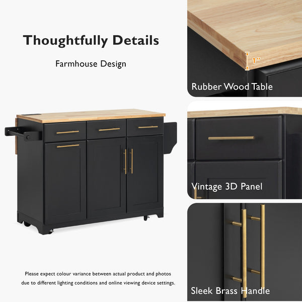 English Elm K&K Vintage Kitchen Island with Rubberwood Top, Hidden Wheels, Pull-Out Trash & Charging Station Black N707P299014B