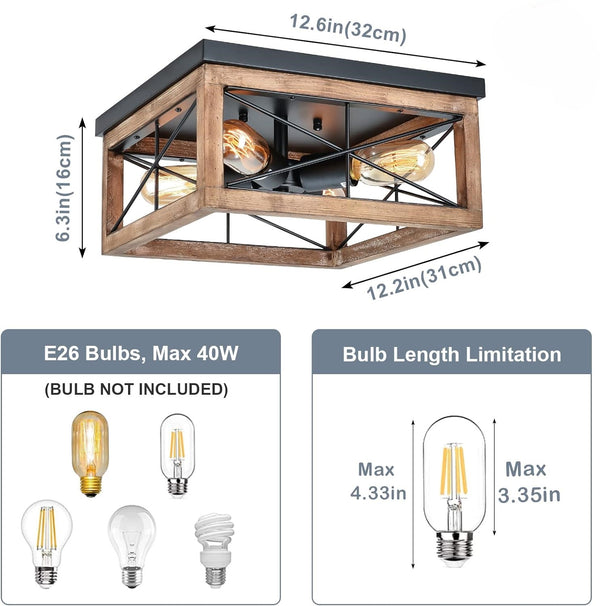 English Elm Wooden 4-Light Farmhouse Flush Mount Ceiling Light with Real Wood Frame & Ceramic Sockets, Black Finish W2738P185436