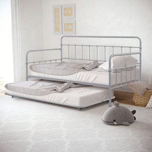 English Elm Silver Sleek Metal Twin Daybed with Built-In Trundle | Contemporary Minimalist Black Frame, Mattress-Ready Silver 16 L x 78 W x 8 H B2741P364826