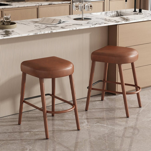 English Elm Backless Blue Fabric Upholstered Counter Stools Set of Two with Padded Seat Footrest W5096P400683