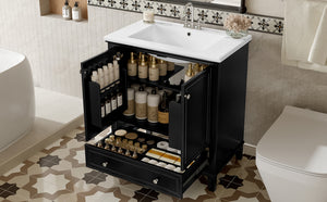 English Elm 30" Bathroom Vanity with Sink — Modern Freestanding 30" Cabinet with Ceramic Top, Drawer, Doors, Shelf Black N725P221263B