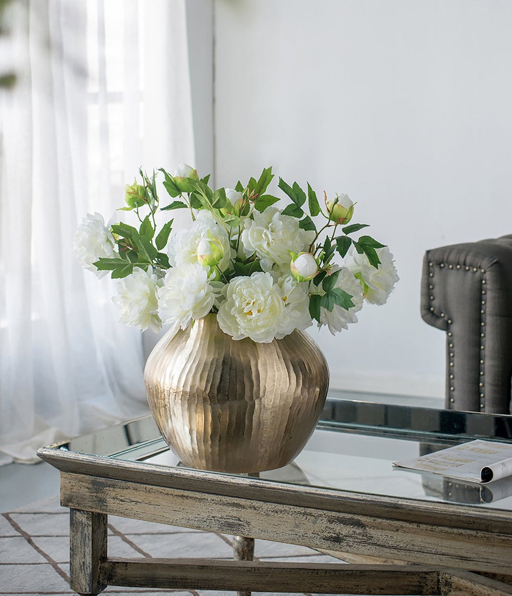 English Elm 11x11x9" Elegant Aluminum Chisel Flower Vase in Metallic Gold — Short Round Accent Piece for Tablescapes and Floral Displays W2078P316626