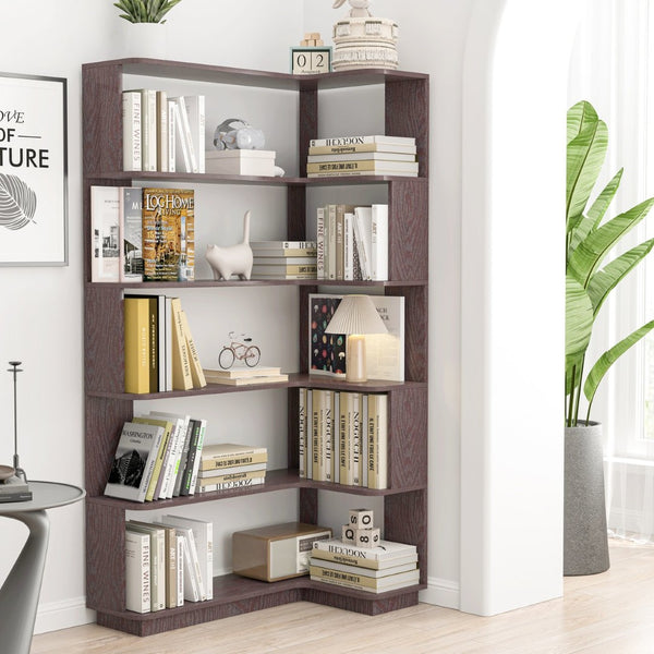 English Elm 90cm L-shaped Corner Bookcase Five Tier Mdf Open Shelving Unit for Any Room W2899P444160