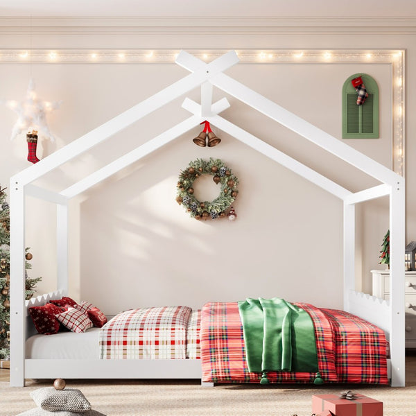English Elm Queen House Frame Floor Bed Solid Pine Montessori Low Profile Kids Bedroom Light White W1580P387847