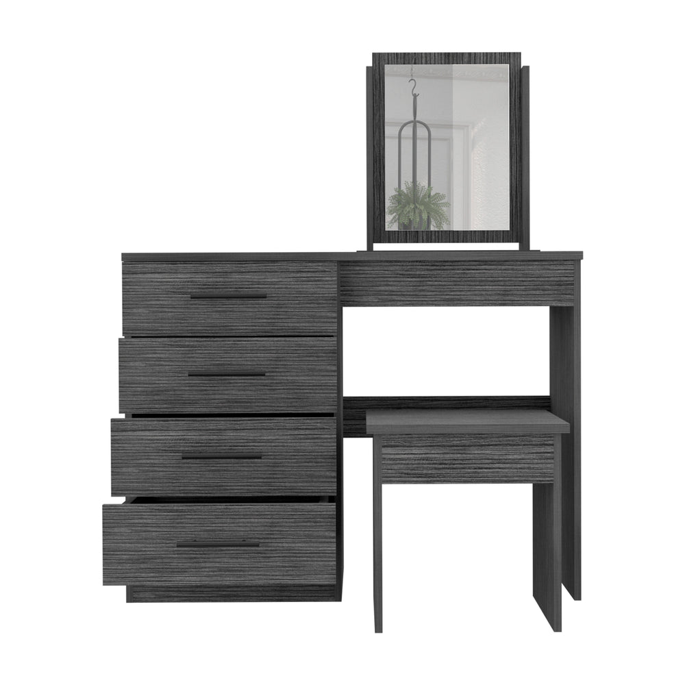 English Elm Makeup Smokey Oak Dressing Table Set with Mirror, Stool & 4 Drawers — Engineered Wood, FSC Certified B097S00145