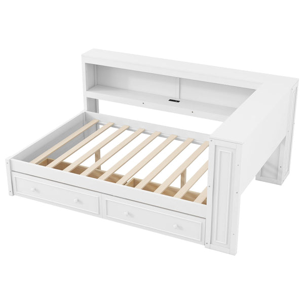 English Elm Full Pine Platform Daybed with Led Lighting Usb Charging Headboard Shelf and Drawers White N7090004032K