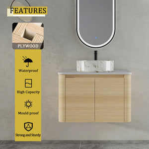 English Elm 30'' Wall-Mounted Bathroom Vanity With Elegant Ceramic Sink, Soft-Close Doors & Space-Saving Design W999S00464