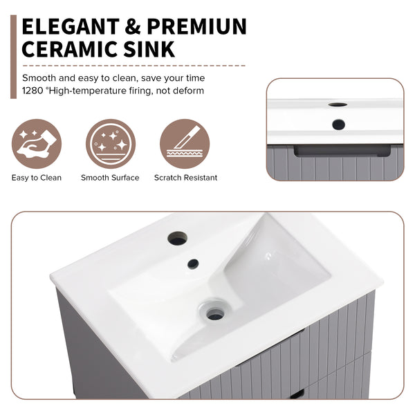 English Elm 24 Inch Floating Bathroom Vanity – Stylish Wall-Mounted Cabinet With Ceramic Sink & Soft-Close Drawers W1550S00032