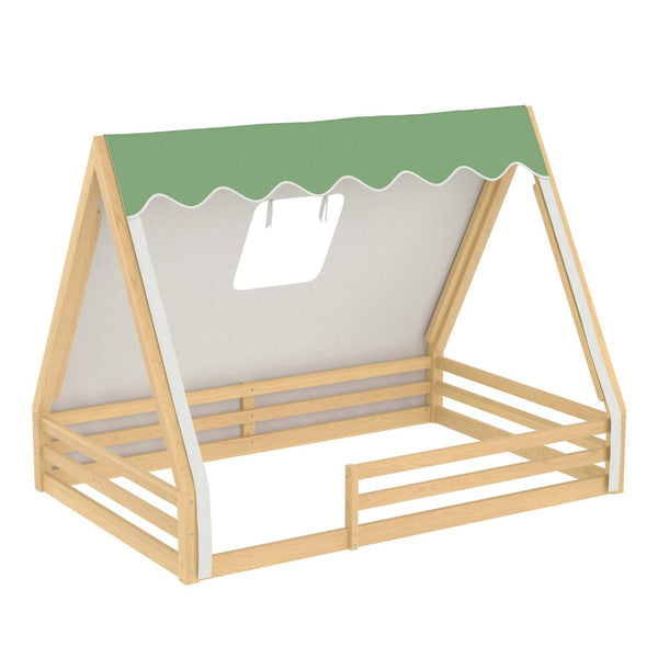 English Elm Twin Montessori Floor Bed Solid Pine Teepee Frame with Guardrails and Canopy Light Natural W1580P369468