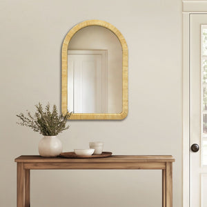 English Elm 39.00x26.00x1.20" Handwoven Rattan Arched Wall Mirror Bohemian Organic Accent B035P437551