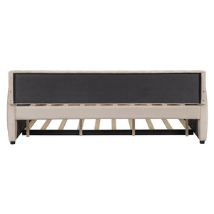 English Elm Full Size Velvet Upholstered Daybed with Pull Out Trundle and Wood Slat Support Beige LP100121AAA