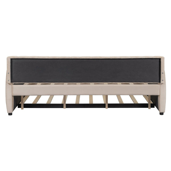 English Elm Full Size Velvet Upholstered Daybed with Pull Out Trundle and Wood Slat Support Beige LP100121AAA