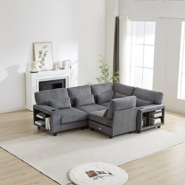 English Elm 102.75*102.75" L-Shaped Modular Sectional Sofa with Corduroy Upholstery, Storage Arm, Cup Holder, 5-Seat Convertible Lounge Grey W1926S00055