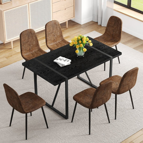 English Elm Table and Chair Set Retro Rectangular Dining with Brown Fabric Seats for Six W1151S04384