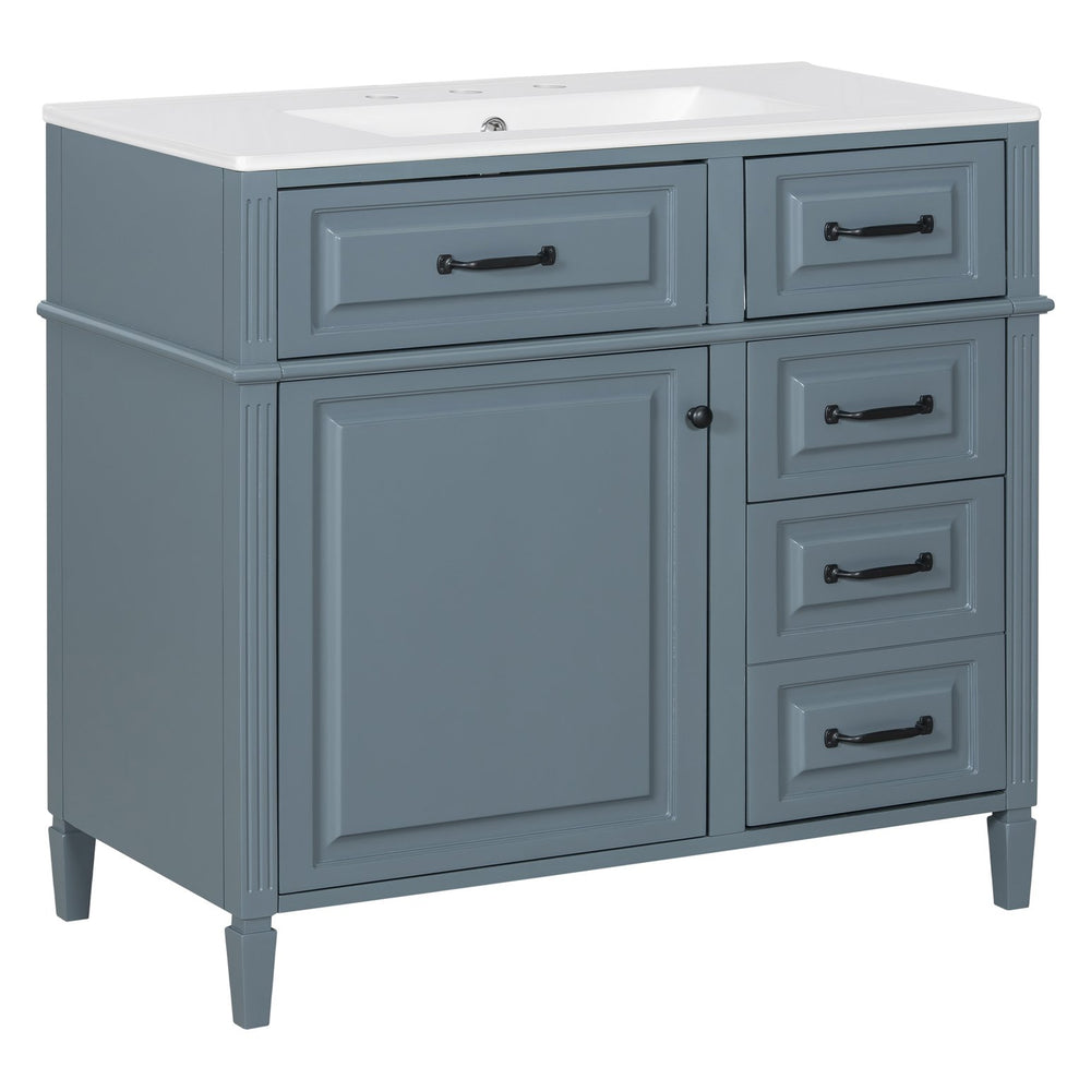 English Elm 36-Inch Modern Bathroom Vanity With Ceramic Sink Top, Storage Drawers, And Stylish Blue Gray Finish N725P350849E