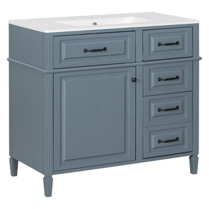English Elm 36-Inch Modern Bathroom Vanity With Ceramic Sink Top, Storage Drawers, And Stylish Blue Gray Finish N725P350849E