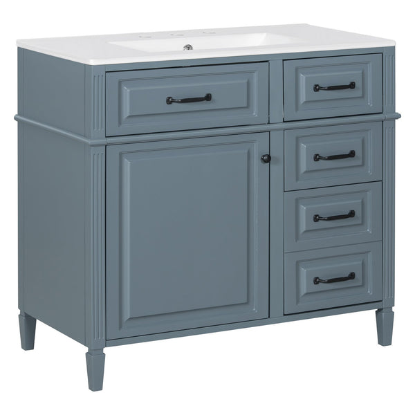 English Elm 36-Inch Modern Bathroom Vanity With Ceramic Sink Top, Storage Drawers, And Stylish Blue Gray Finish N725P350849E