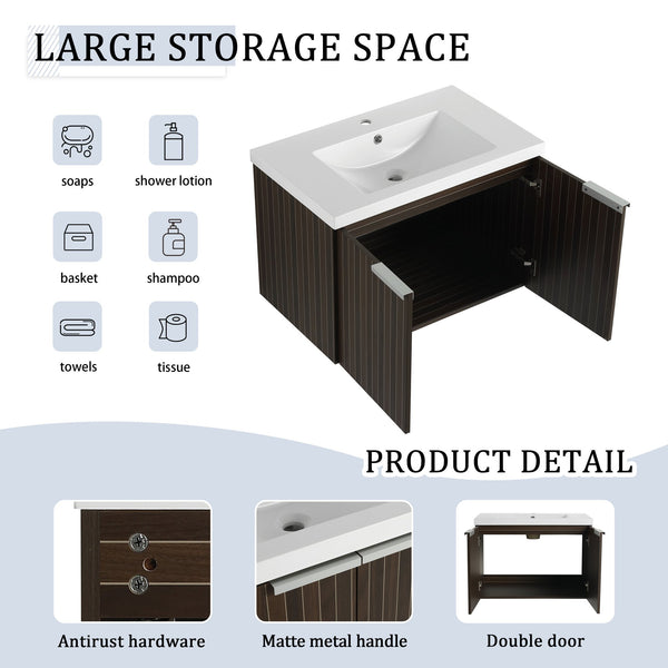 English Elm 30 Inch Silver-Brown Stripe Wall-Mounted Vanity with Mid-Edge Resin Sink, Soft-Close Doors, Ample Storage W999P204951