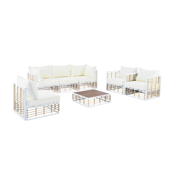 English Elm TOPMAX Modern Minimalist 7-Piece Metal Patio Sectional Sofa Set with All-Weather Rattan, Cushions and Coffee Table for Versatile Indoor Outdoor Entertaining White SP100026AAK