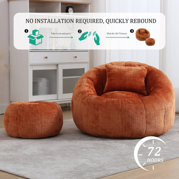 English Elm UNITED Cloud-Luxe Chenille Memory Foam Bean Bag Chair with Ottoman and Pillow for Ultimate Comfort Orange W1568P361695