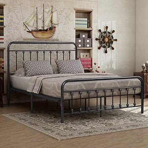 English Elm Metal Queen Bed Frame Victorian-Style Platform with Silent Steel Slats, No Box Spring Needed, 450lb Capacity W840P296696