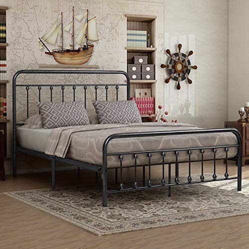 English Elm Metal Queen Bed Frame Victorian-Style Platform with Silent Steel Slats, No Box Spring Needed, 450lb Capacity W840P296696