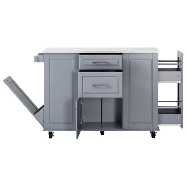 English Elm K&K Vintage Convex Kitchen Island Cart with Faux Marble Top, Tilt Trash, Pull-Out Organizer, Wheels Grey+Blue N707P299008G
