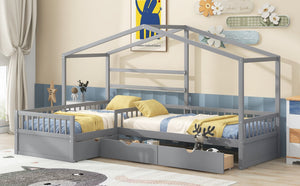 English Elm Twin House Platform Bed with Three Storage Drawers for Kids, Solid Pine & MDF, Sleek Roof Design Gray GX001026AAE