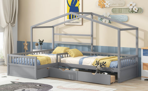 English Elm Twin House Platform Bed with Three Storage Drawers for Kids, Solid Pine & MDF, Sleek Roof Design Gray GX001026AAE
