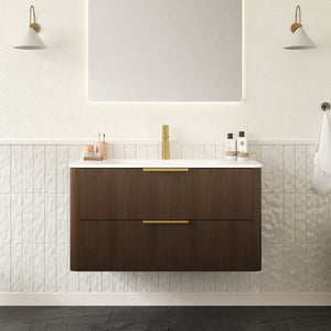 English Elm ZANE 36" Bathroom Vanity with Integrated Hot-Press Sintered Stone Basin, Floating Plywood Cabinet, Soft-Close Drawers and Moisture-Resistant Finish Carrara White,Walnut W2615P360727