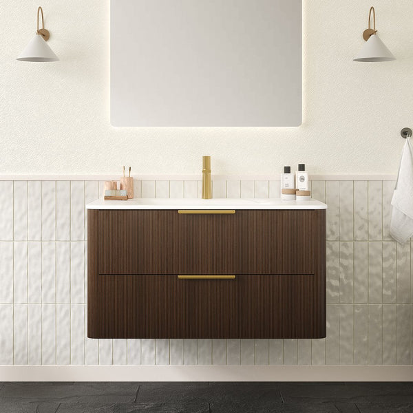 English Elm ZANE 36" Bathroom Vanity with Integrated Hot-Press Sintered Stone Basin, Floating Plywood Cabinet, Soft-Close Drawers and Moisture-Resistant Finish Carrara White,Walnut W2615P360727
