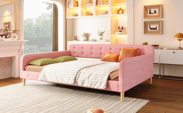 English Elm Queen Upholstered Daybed with Tufted High Sideboard, Linen Finish, Solid Wood Frame, 800lb Capacity Pink N7500001850H