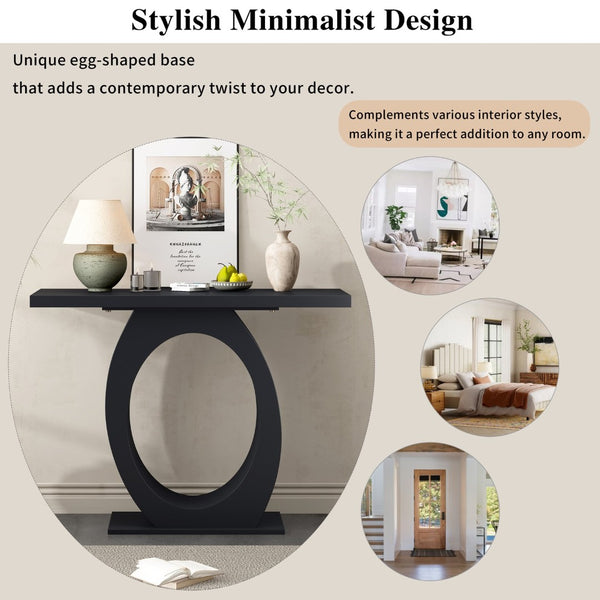 English Elm Mirod Sculptural Console Table Acacia Veneer Gloss Top Egg Base Entryway Accent Black N760P214780B