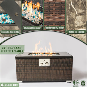 English Elm 32" Propane Fire Pit Table 50000 BTU Rectangular Ceramic Tile Top Wicker Base Pulse Ignition Outdoor W85335465