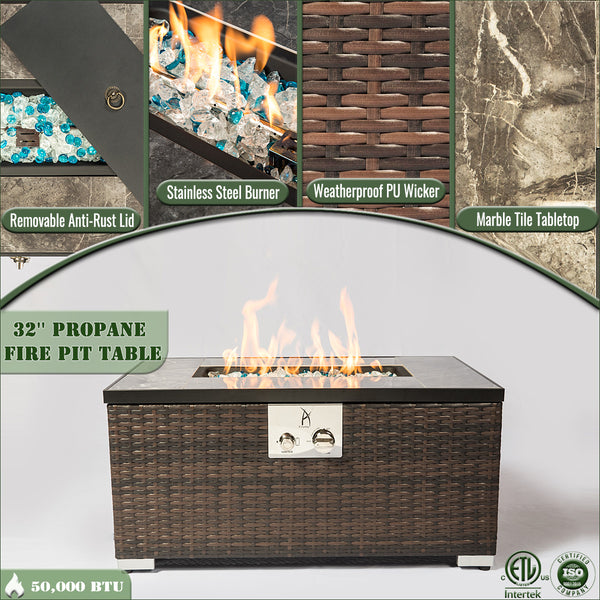 English Elm 32" Propane Fire Pit Table 50000 BTU Rectangular Ceramic Tile Top Wicker Base Pulse Ignition Outdoor W85335465