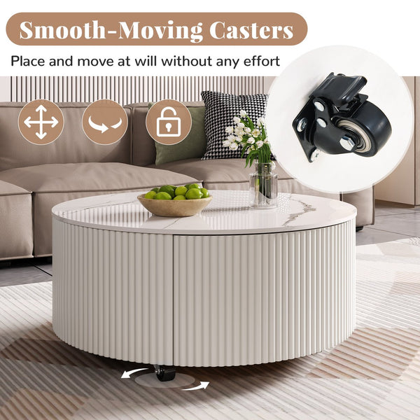 English Elm Modern Round Coffee Table with Sintered Stone Marble Top, Locking Casters, 2 Soft-Close Drawers, Space-Saving Design White N735P328523K
