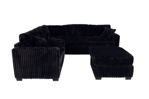 English Elm Black Jumbo Corduroy L-shaped Sectional Set with Ottoman for Modern Living Rooms B011S02202