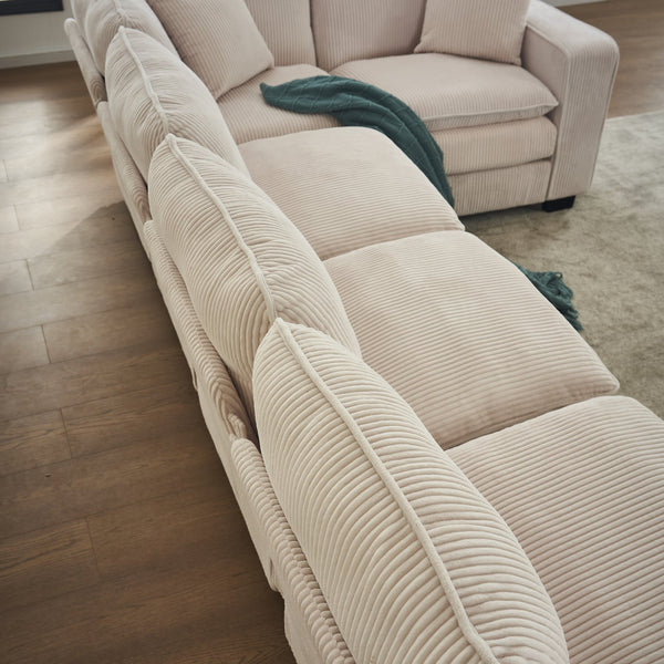 English Elm Modern U Shaped 6-Seat Sectional Sofa with Ottoman and 3 Toss Pillows, Corduroy Modular Comfort and Durable Frame White W2363S00039