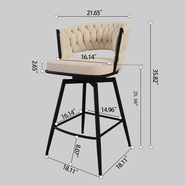 English Elm 26" Bar Chair Suede Woven Bar Stool Set of 2 with 360° Swivel, Plush Technical Leather, Sturdy Metal Base White W2189P180368