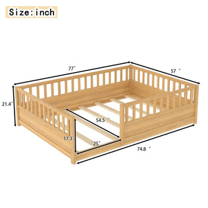 English Elm Twin Montessori Floor Bed Solid Pine Frame with Safety Fence Door for Kids Play Space Natural W1858P382402
