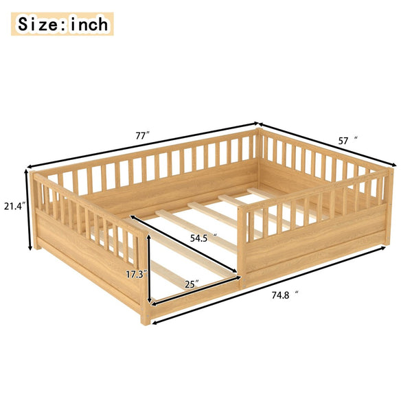 English Elm Twin Montessori Floor Bed Solid Pine Frame with Safety Fence Door for Kids Play Space Natural W1858P382402
