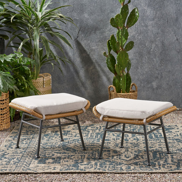 English Elm Christopher Knight Home® - Montana Light Brown Faux Rattan Outdoor Ottoman Set of 2 with Water-Resistant Cushions, Steel Frame Durable Elegance 65045.00LBRN