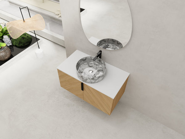 English Elm 36" Modern Wall-Mounted Bathroom Vanity With Soft-Close Doors, Ceramic Sink & Durable Oak Finish W999S00451