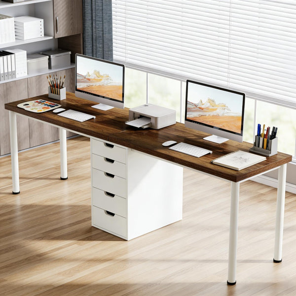 English Elm Computer Desk Two Person Wood Grain Workstation with Drawers for Shared Home Office T3971P453706