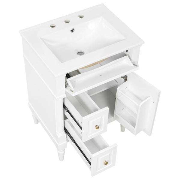 English Elm 24 Inch Freestanding Vanity with Ceramic Sink Rubberwood Frame Matte Finish Storage White N725P356058K