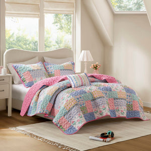 English Elm 4-Piece Full/Queen Quilt Set Pink Floral Coverlet with 2 Shams & Throw Pillow, Soft Microfiber Comfort B035P408452