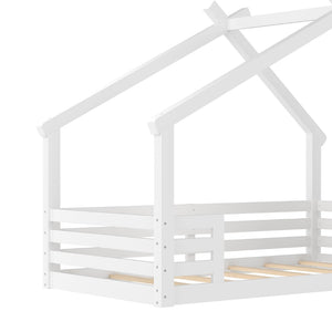 English Elm Twin House Bed Low Profile Pine Wood Frame with Shelf Montessori Kids Floor Sleeping White W5305P429642