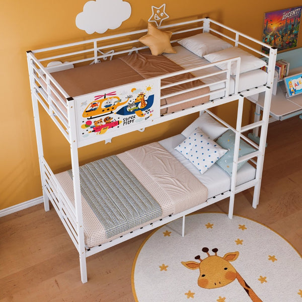 English Elm Metal Twin Over Bunk Bed with Full Guardrail Ladder and Convertible Iron Frame W3752S00023