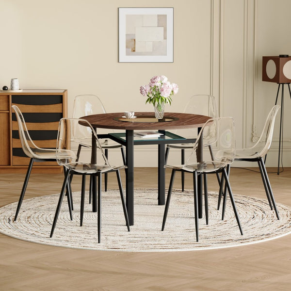 English Elm Table and Chair Set 42 Inch Round Wood Grain Dining with Six Transparent Plastic Seats W1151S04490
